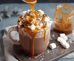 Delicious salted caramel hot chocolate in a mug with whipped cream