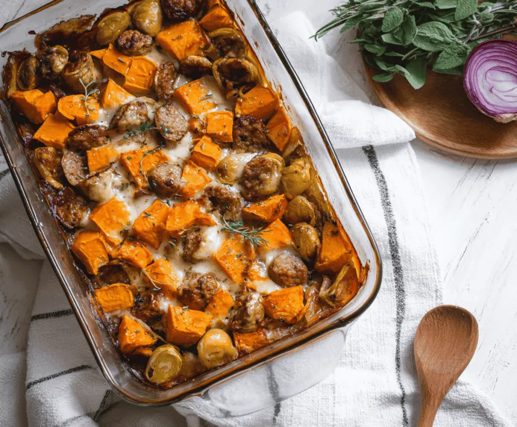 Delicious sausage and sweet potato casserole in a baking dish, perfect for a hearty meal.
