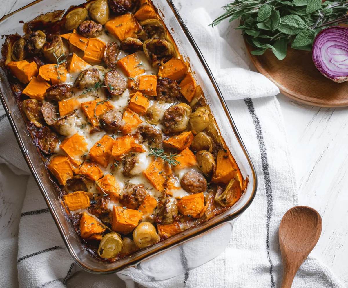Delicious sausage and sweet potato casserole in a baking dish, perfect for a hearty meal.
