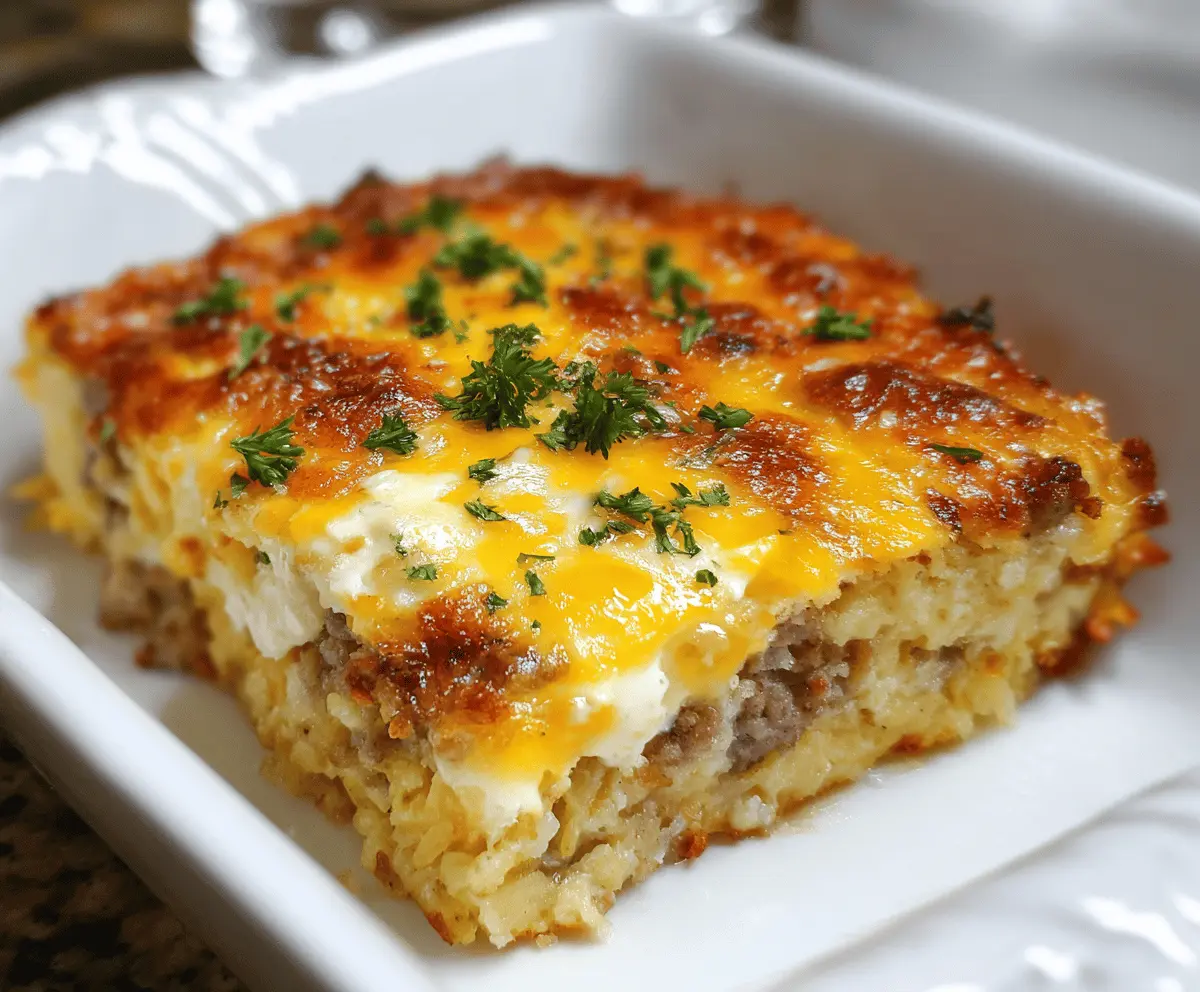 Delicious sausage, egg, and cream cheese hashbrown breakfast casserole served on a plate.