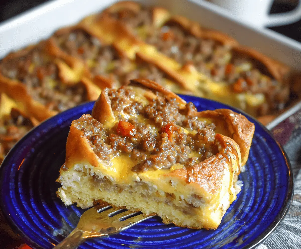 Delicious sausage pancake breakfast casserole garnished with fresh herbs on a serving plate.