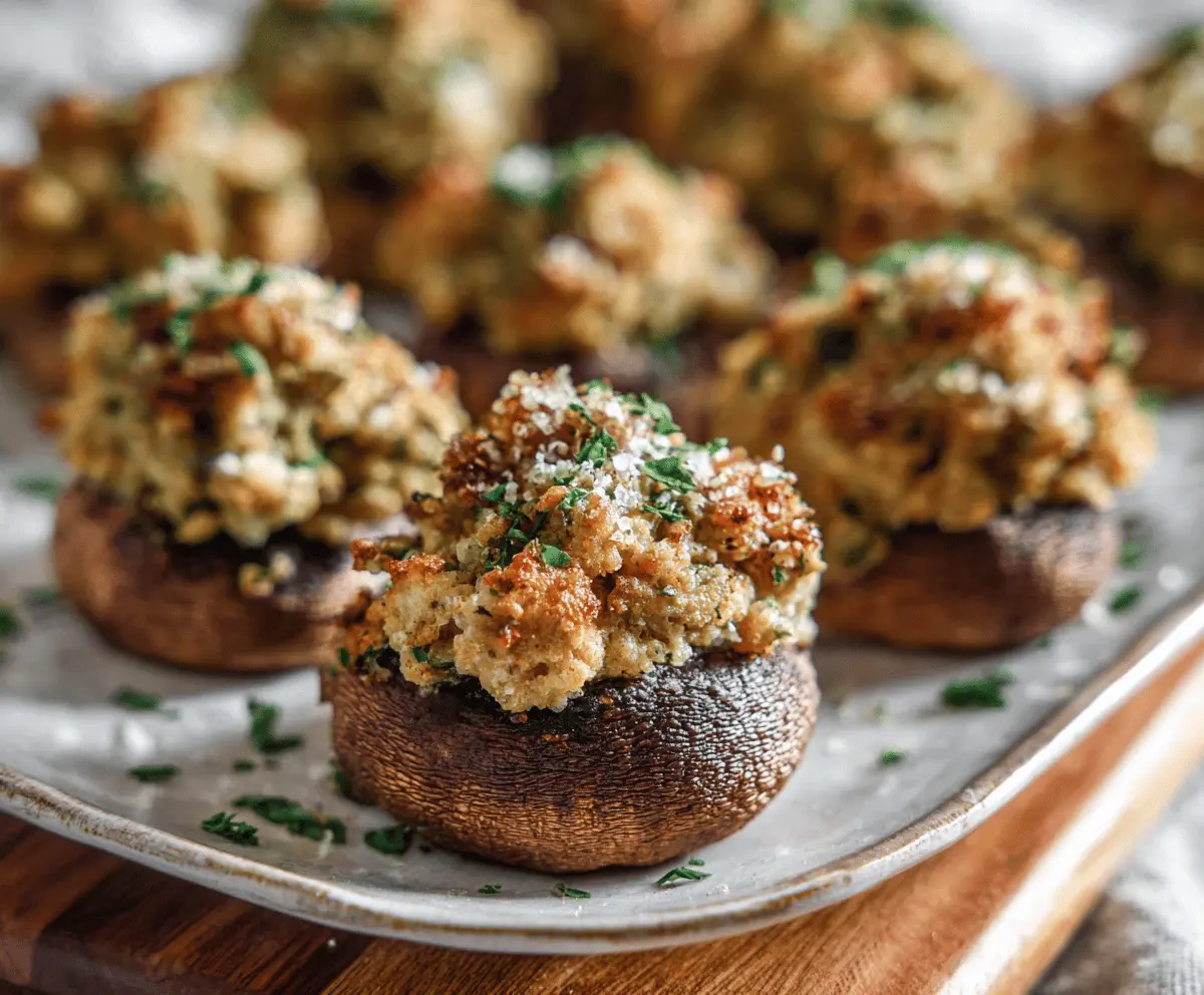 Delicious sausage stuffed mushrooms garnished with herbs, perfect as an appetizer or party snack.