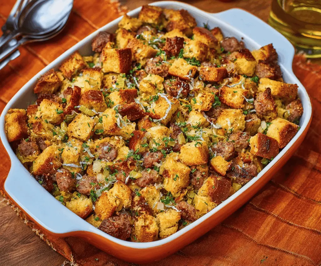 Delicious sausage stuffing recipe in a baking dish, perfect for holiday dinners.