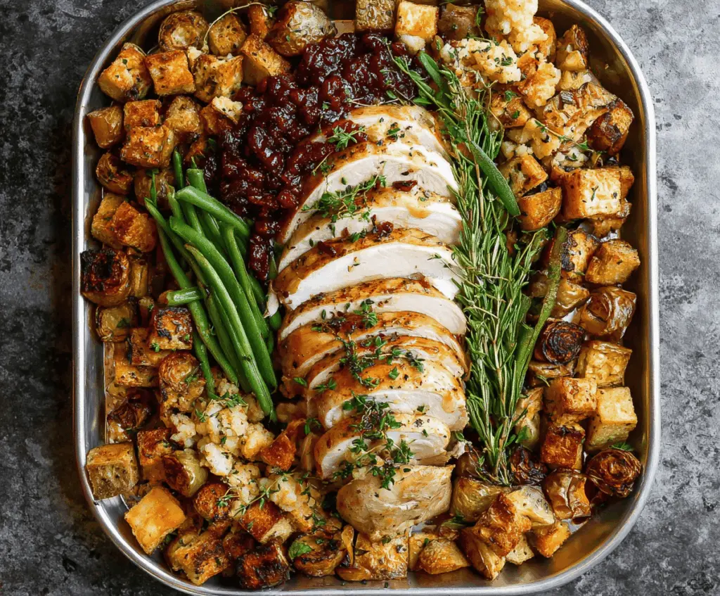 Delicious sheet pan turkey dinner with roasted vegetables and herbs