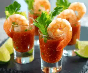 Elegant shrimp cocktail shooters served in clear glasses with lemon wedges and fresh herbs.