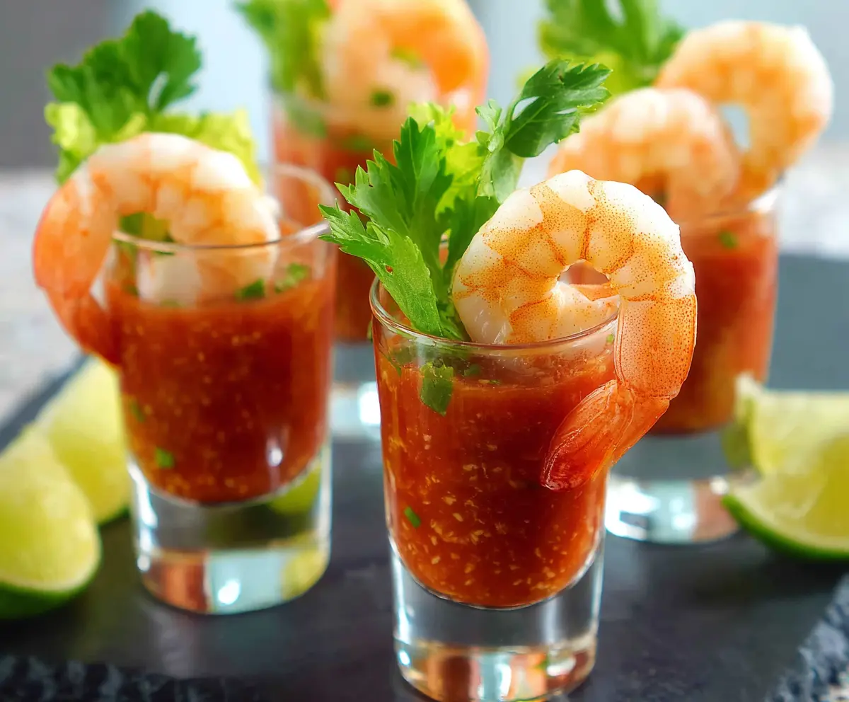 Elegant shrimp cocktail shooters served in clear glasses with lemon wedges and fresh herbs.