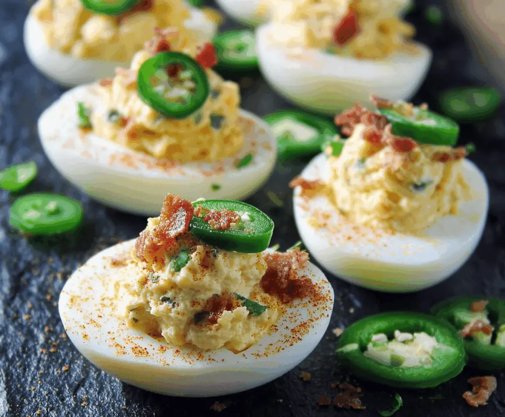 Delicious spicy jalapeño popper deviled eggs garnished with fresh herbs, perfect for appetizers.