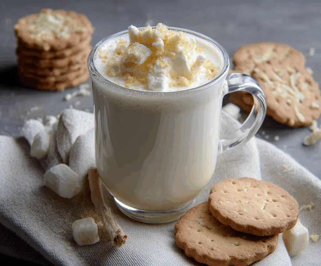 Creamy sugar cookie white hot chocolate topped with whipped cream and colorful sprinkles.