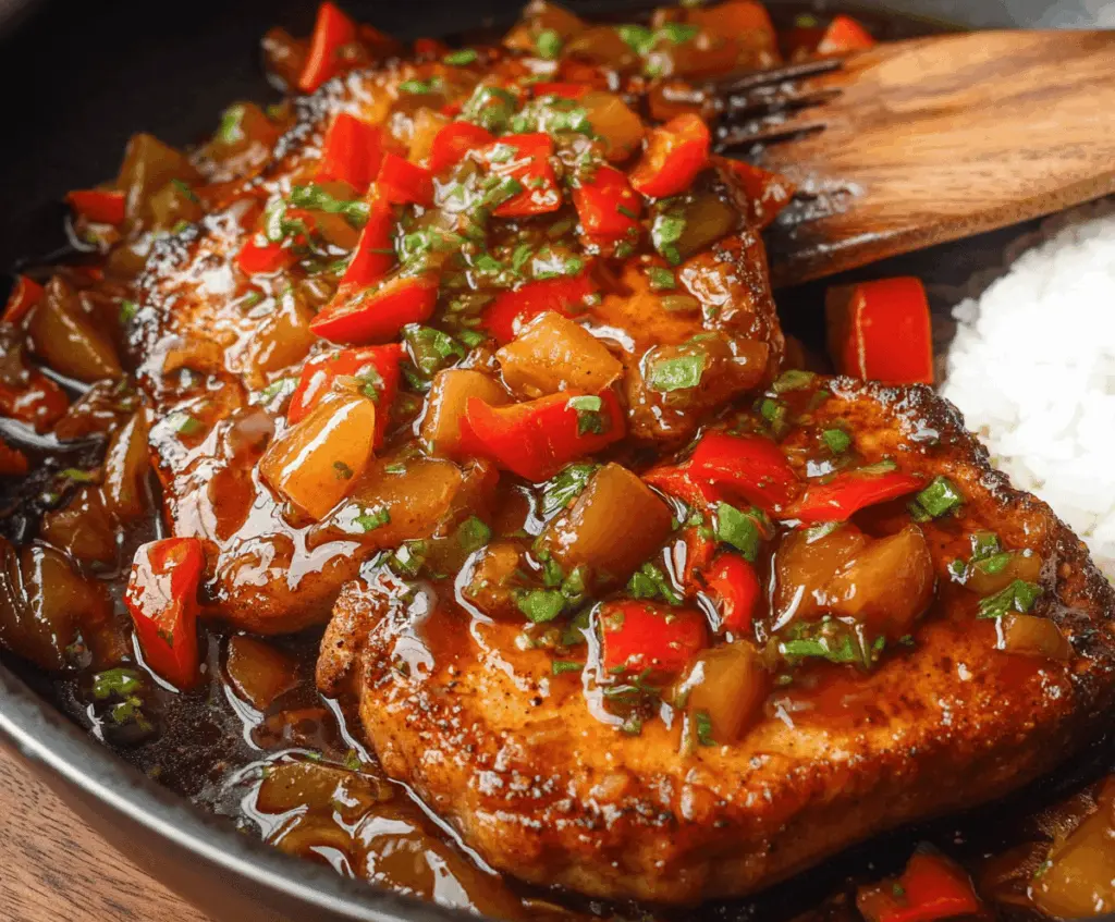 Delicious sweet and sour pork chops served on a plate with vibrant vegetables.