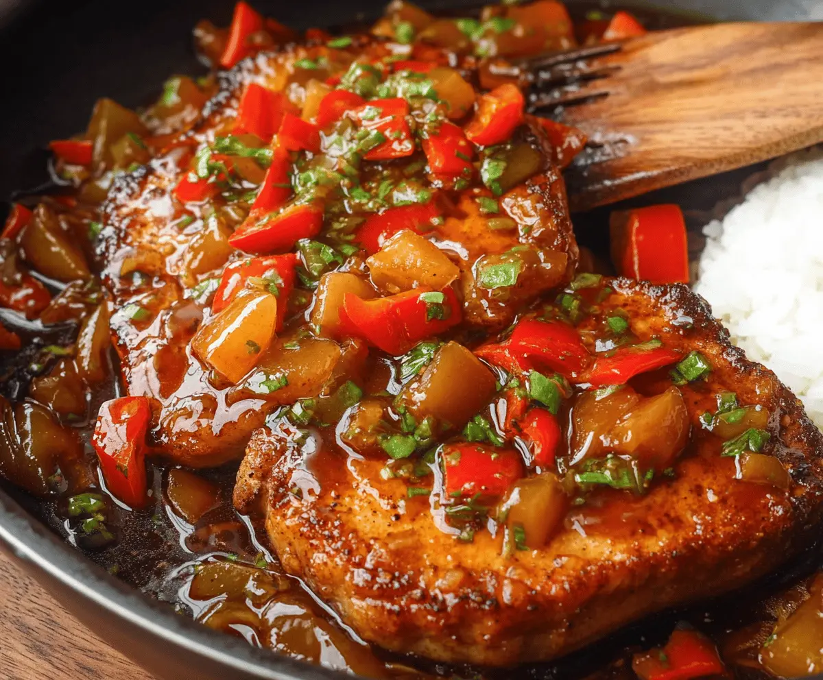 Delicious sweet and sour pork chops served on a plate with vibrant vegetables.