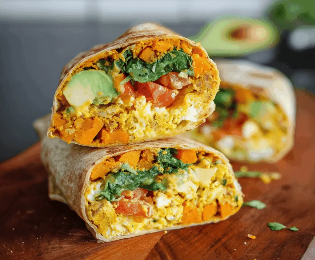 Delicious sweet potato breakfast burritos with fresh vegetables and melted cheese on a plate.