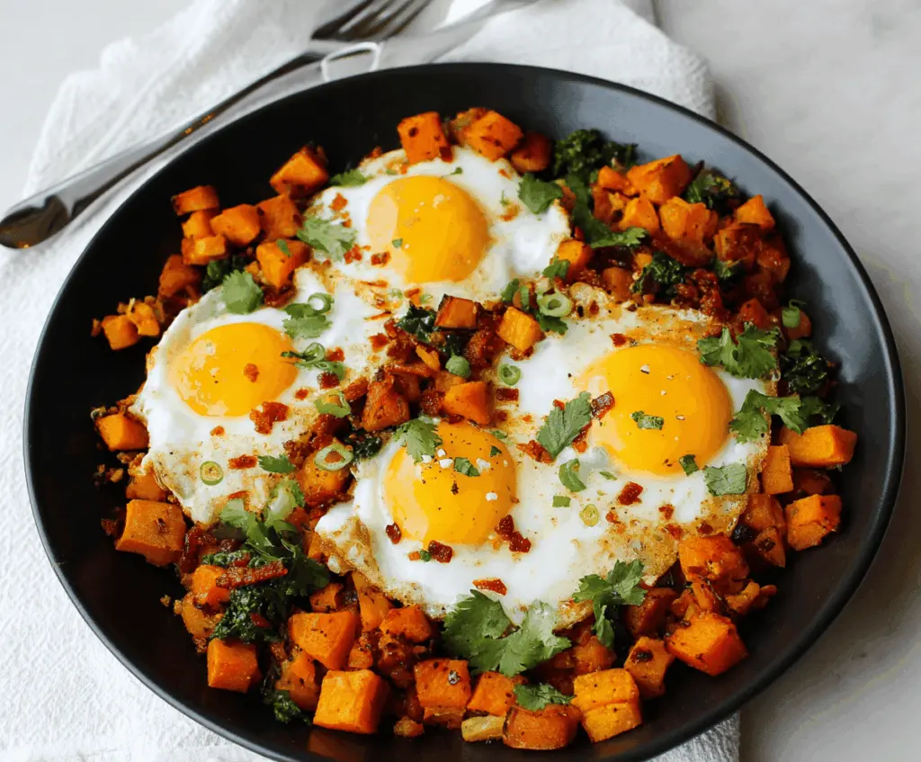 Delicious sweet potato breakfast hash with colorful vegetables and herbs in a bowl.