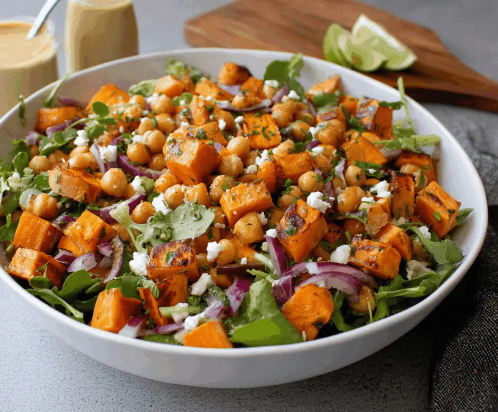 Colorful sweet potato and chickpea salad in a bowl, garnished with fresh herbs and lemon slices.
