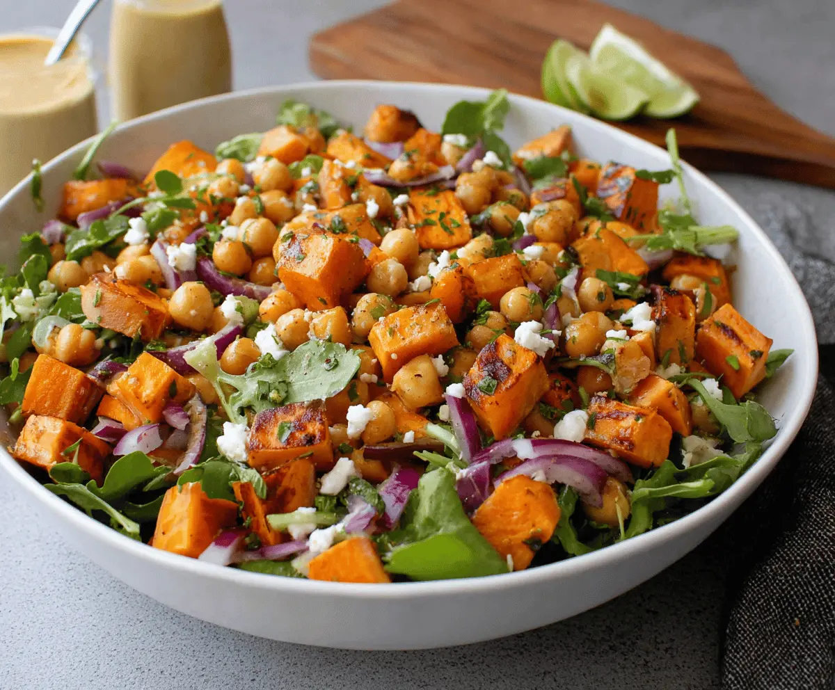 Colorful sweet potato and chickpea salad in a bowl, garnished with fresh herbs and lemon slices.