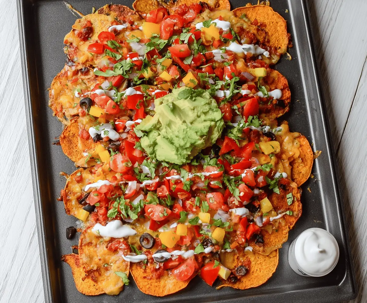 Delicious Sweet Potato Loaded Nachos topped with melted cheese, black beans, and fresh herbs on a plate.