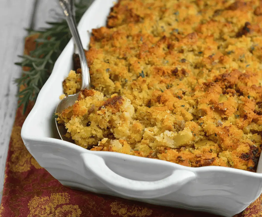 Golden Southern Cornbread Dressing served in a rustic dish, perfect for holiday dinners or family gatherings.