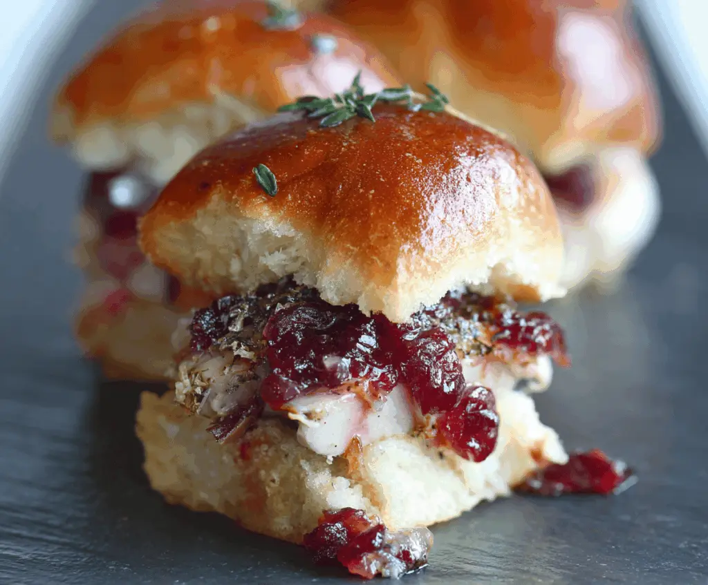 Delicious turkey cranberry sliders with fresh ingredients and melted cheese on a platter.