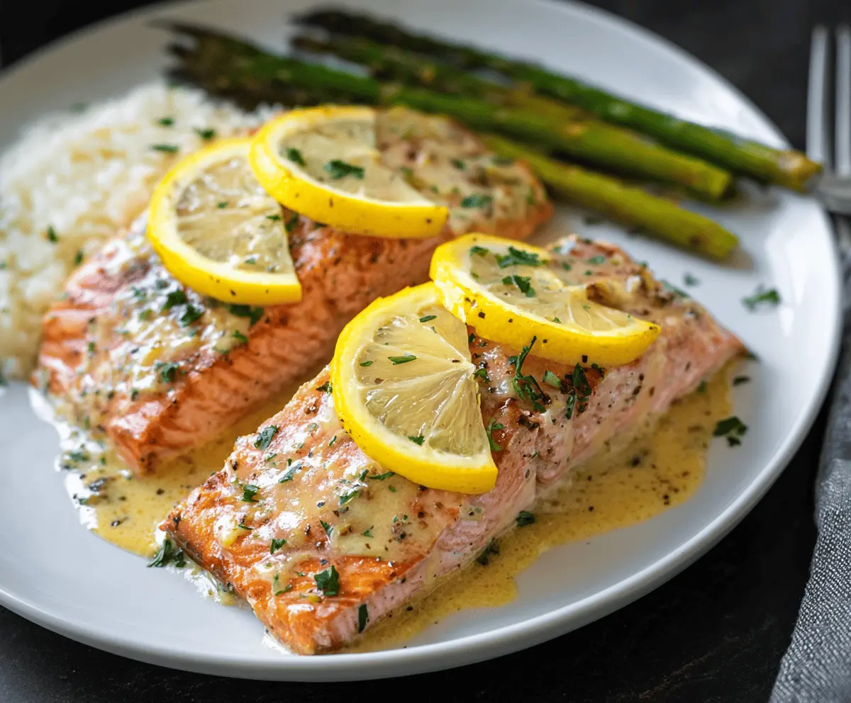 Delicious Zesty Lemon Dijon Salmon plated with fresh herbs and lemon slices.