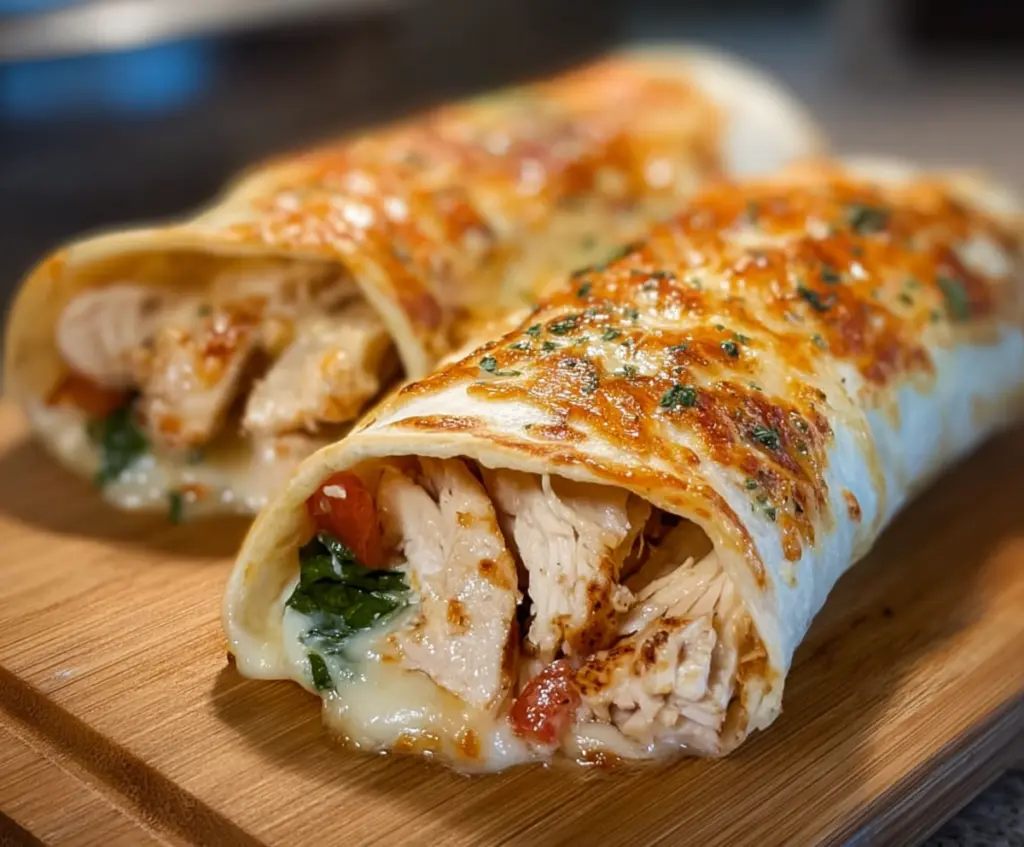 Crispy air fryer chicken and melted mozzarella cheese wraps on a plate.