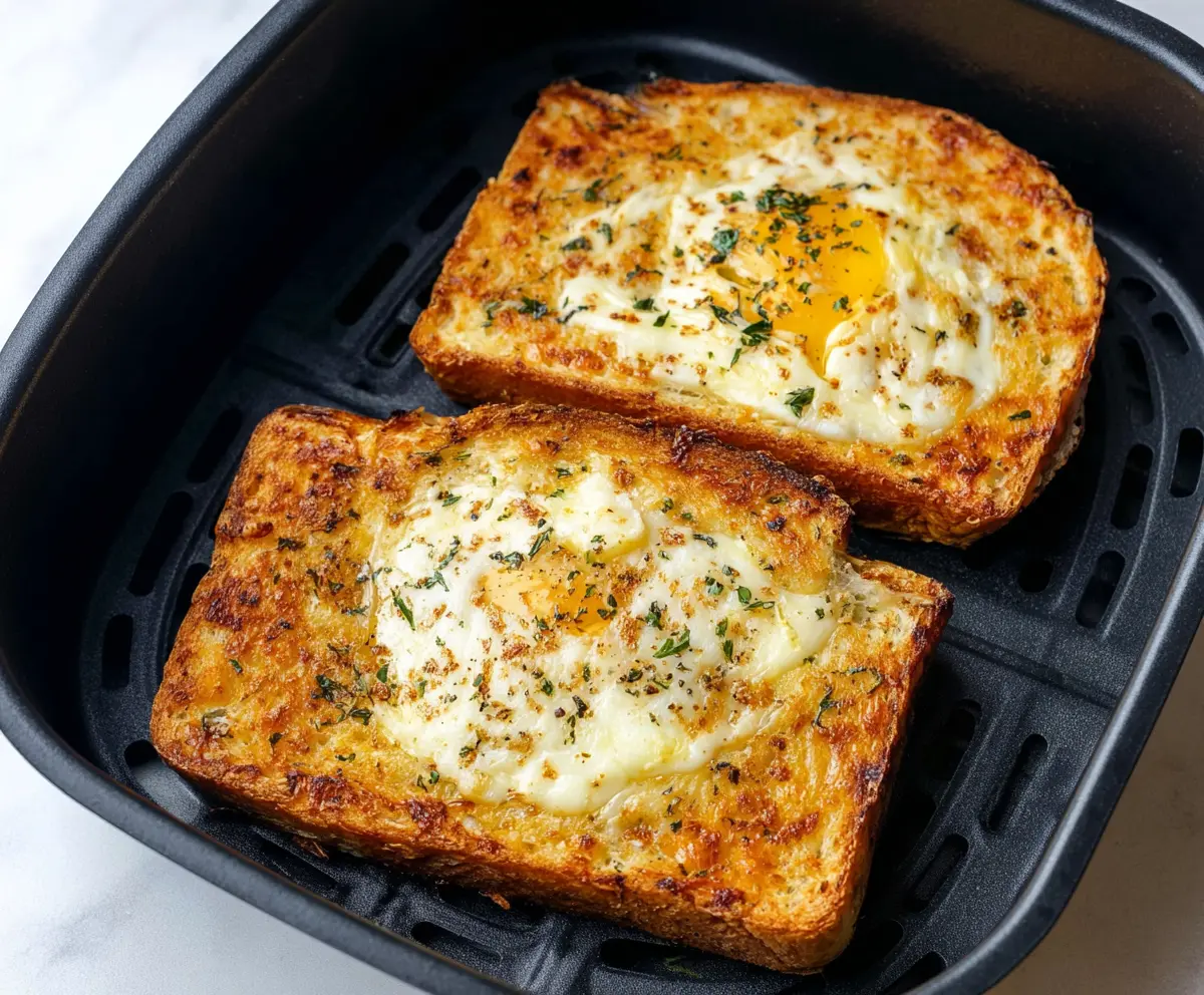 Delicious air fryer egg and cheese toast ready to eat for breakfast or snack.