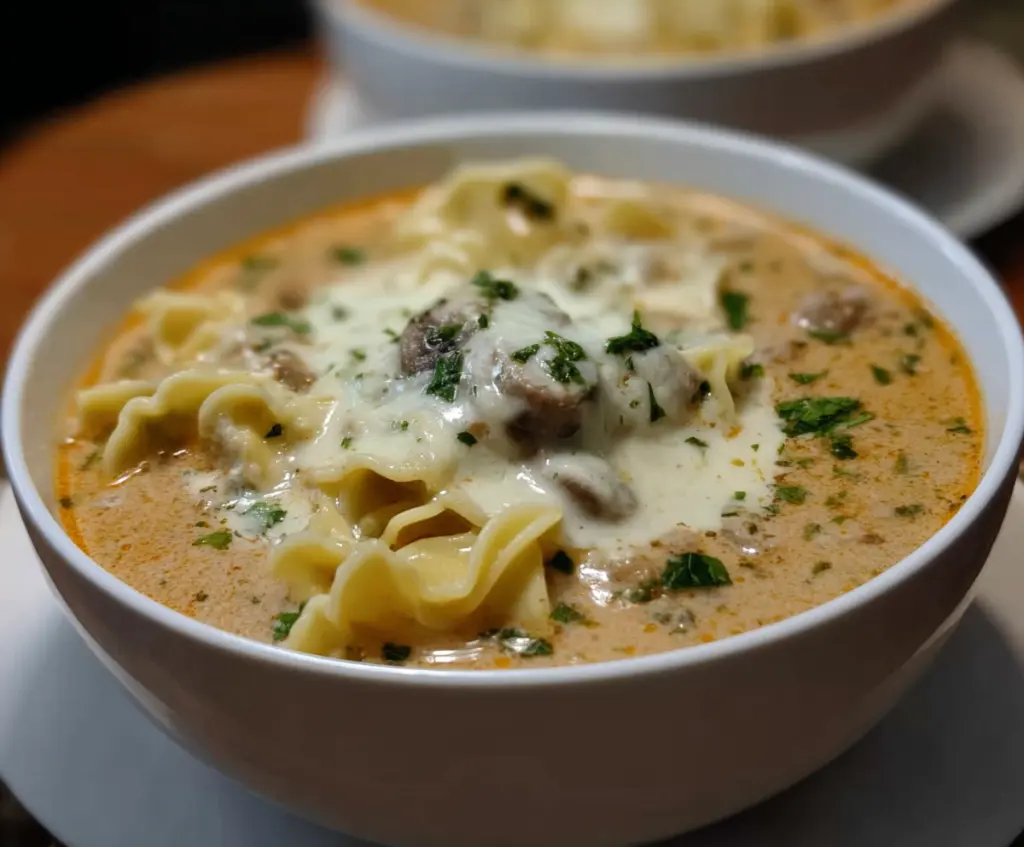 Creamy Alfredo Lasagna Soup garnished with fresh basil and melted cheese, perfect for a hearty Italian meal.