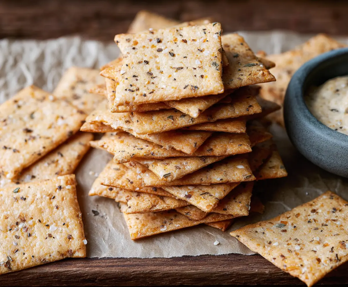 Golden almond flour crackers served on a rustic wooden platter, perfect for a gluten-free snack.