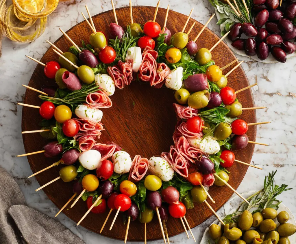 Colorful antipasto wreath skewers with assorted cured meats, cheeses, and vegetables for party appetizers.
