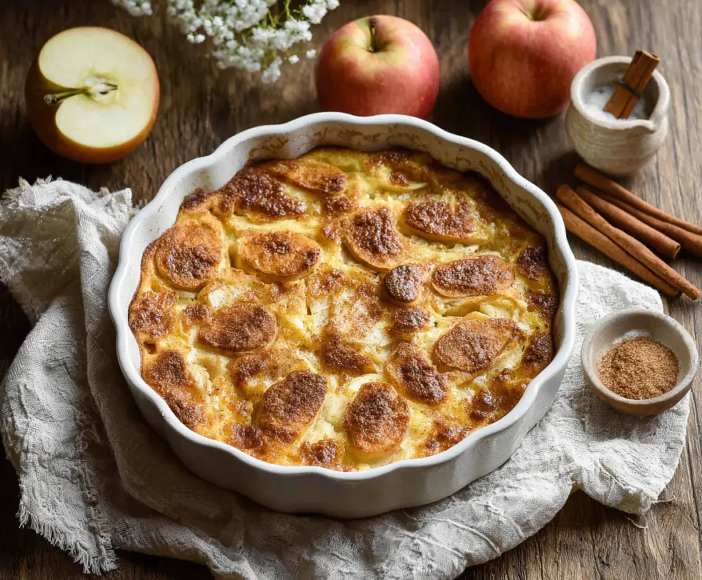 Delicious Apple Cinnamon Cottage Cheese Bake served in a baking dish, topped with cinnamon and fresh apple slices.