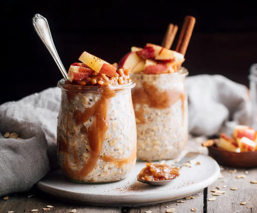 Creamy apple pie overnight oats topped with cinnamon and fresh apple slices in a glass jar.