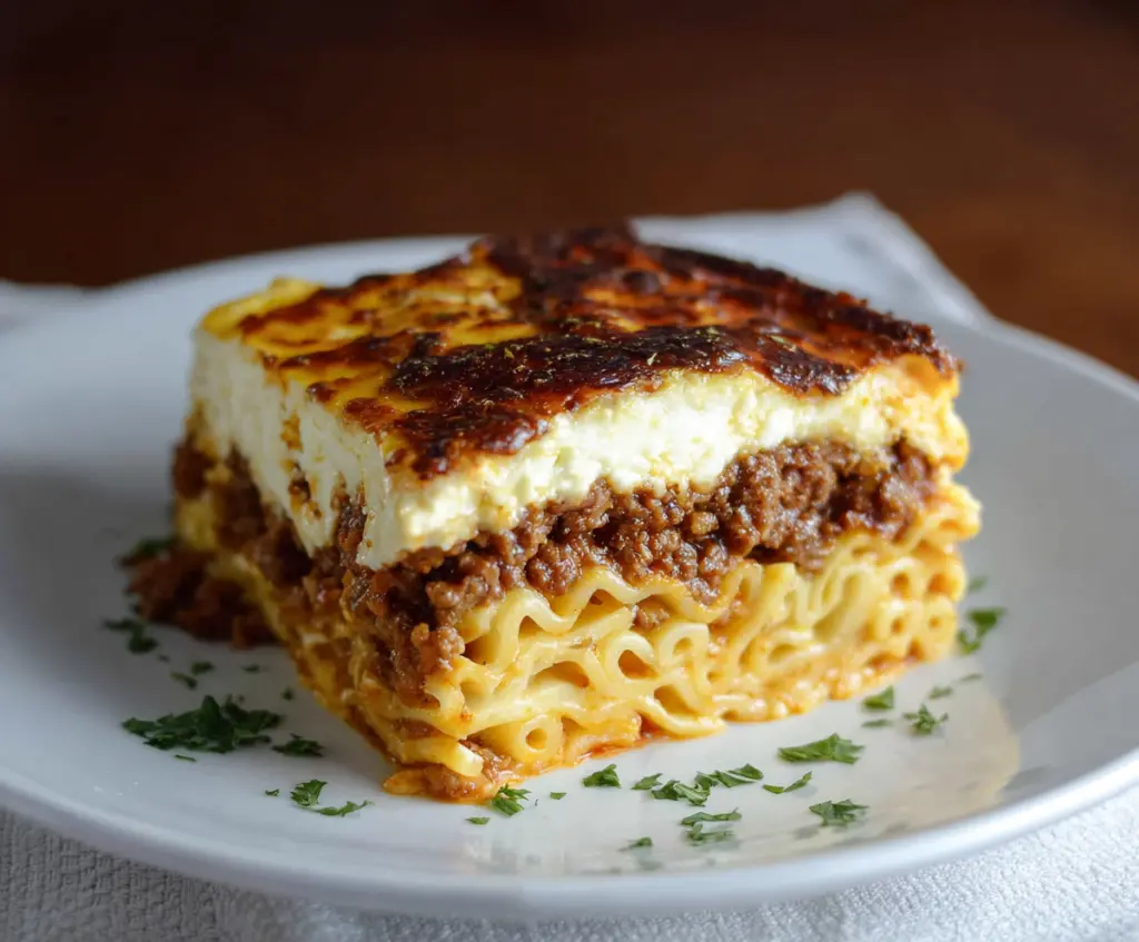 Delicious homemade Authentic Pastitsio Greek Lasagna with layered pasta, meat sauce, and béchamel topping.
