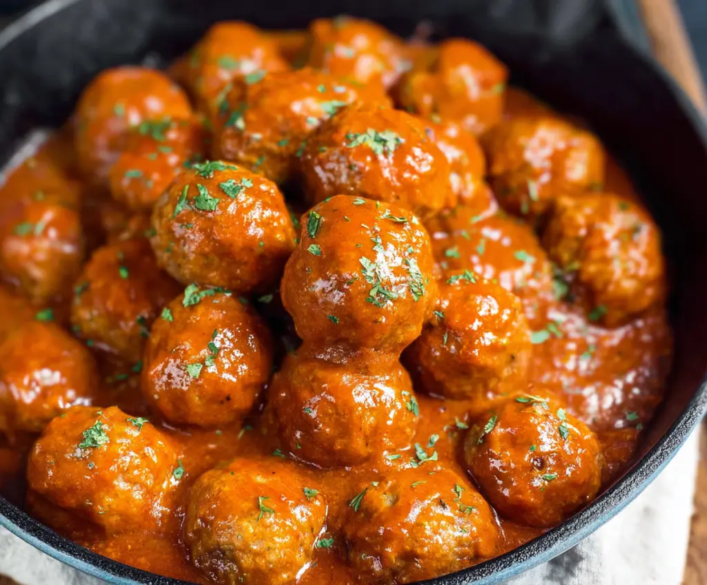 Delicious homemade Awesome Sauce Meatballs served on a plate with a rich sauce garnish.