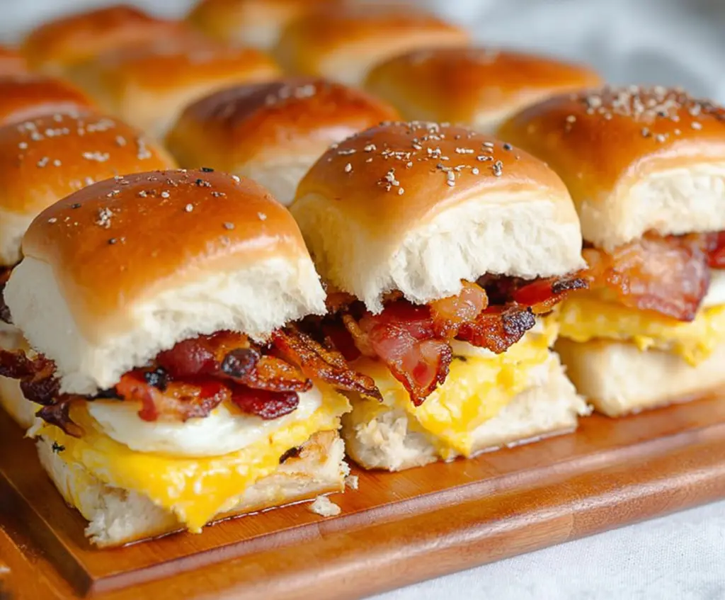 Delicious Bacon Egg and Cheese Breakfast Sliders served on a breakfast plate.