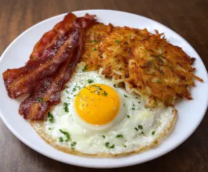 Delicious bacon, eggs, and crispy hash browns on a plate for breakfast