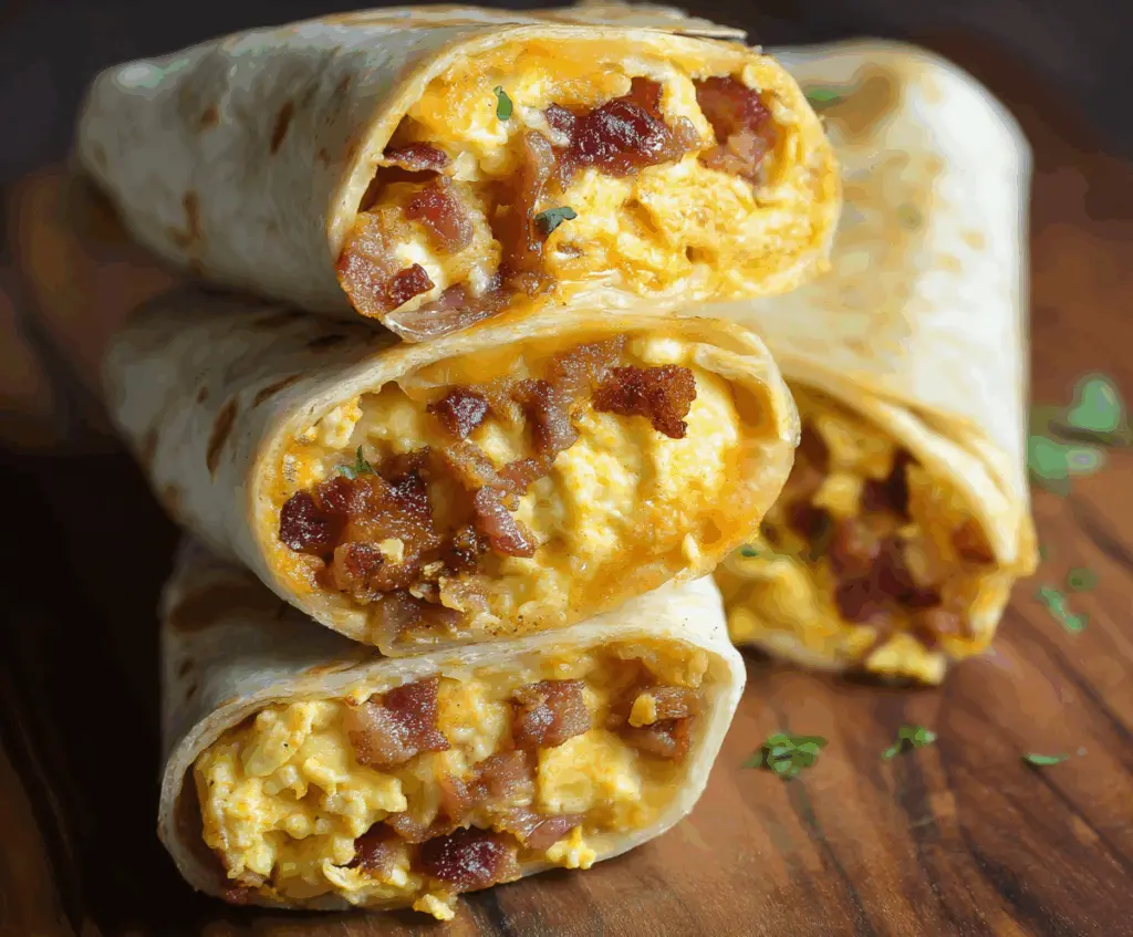 Delicious bacon egg burrito wrapped in a tortilla with melted cheese and fresh vegetables.