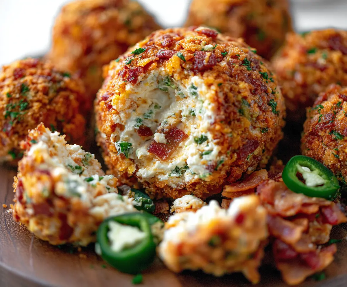Delicious Bacon Jalapeño Popper Cheese Ball garnished with crispy bacon and fresh jalapeños for a flavorful appetizer.