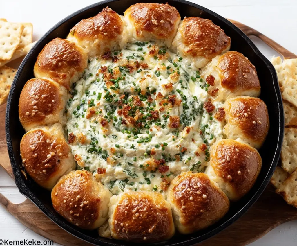 Delicious baked biscuit wreath dip served on a festive platter ready for dipping.