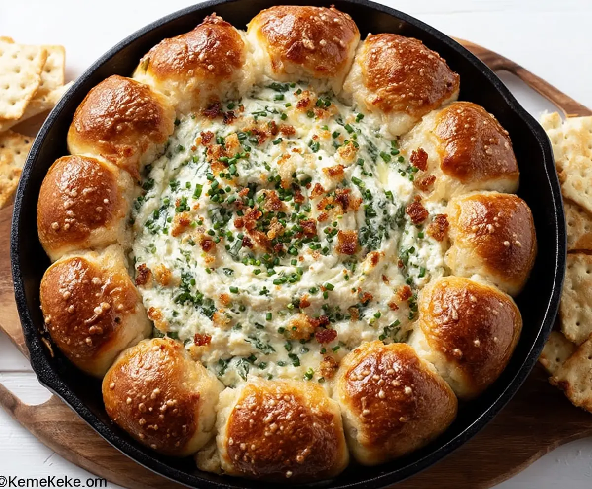 Delicious baked biscuit wreath dip served on a festive platter ready for dipping.