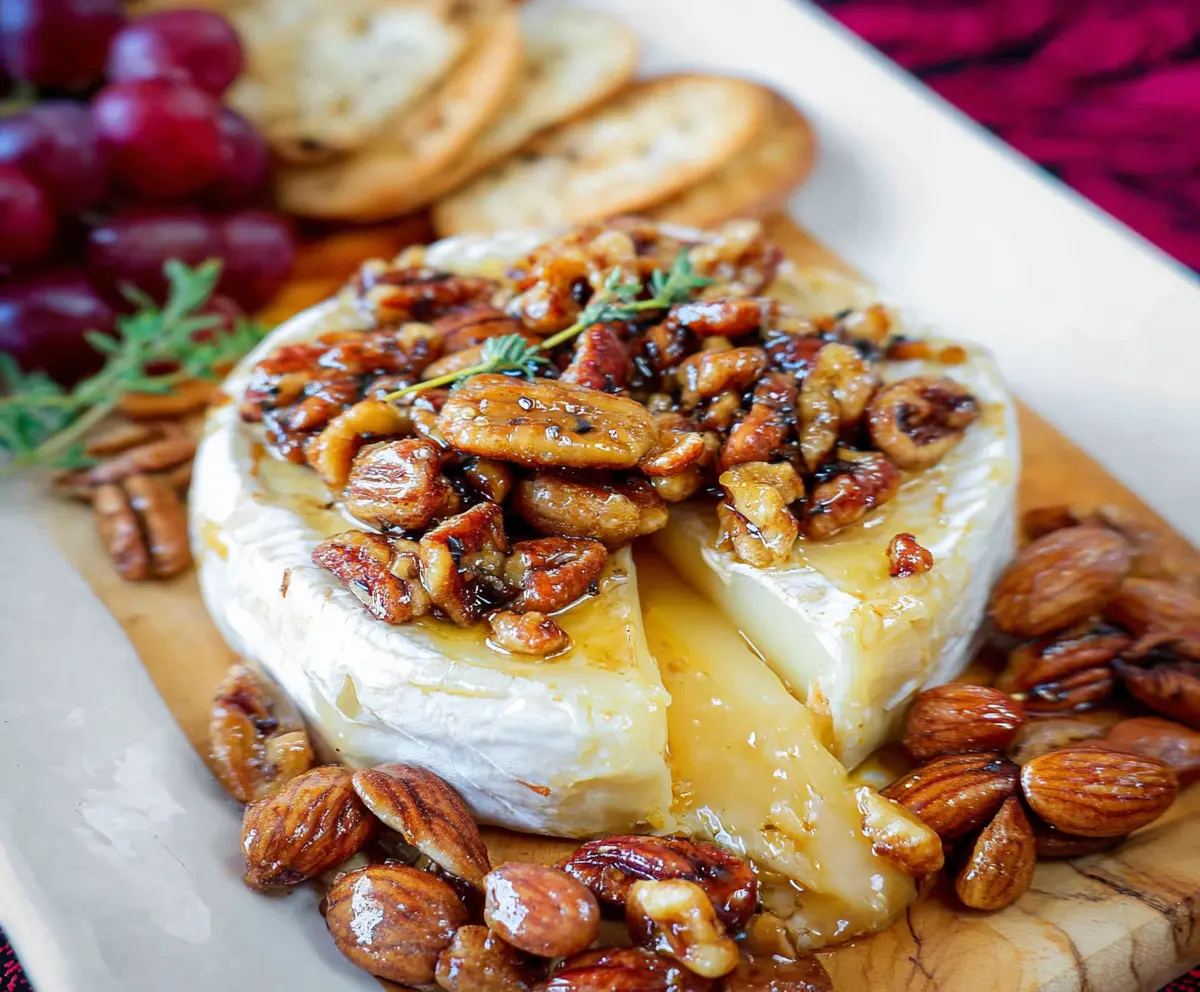 Delicious baked Brie cheese topped with honey and mixed nuts served on a wooden platter.