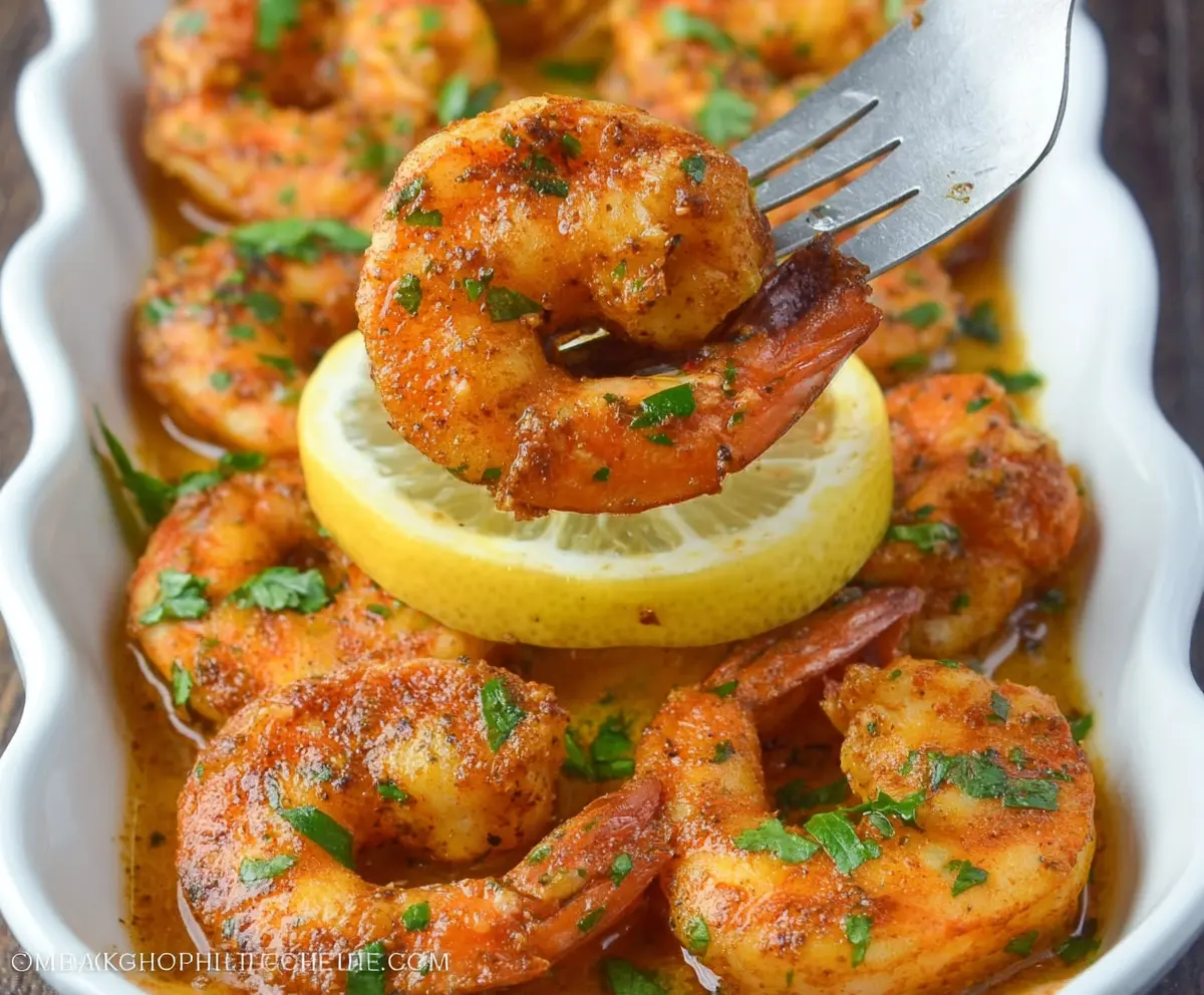 Delicious baked Cajun shrimp served on a plate with lemon wedges and fresh herbs.