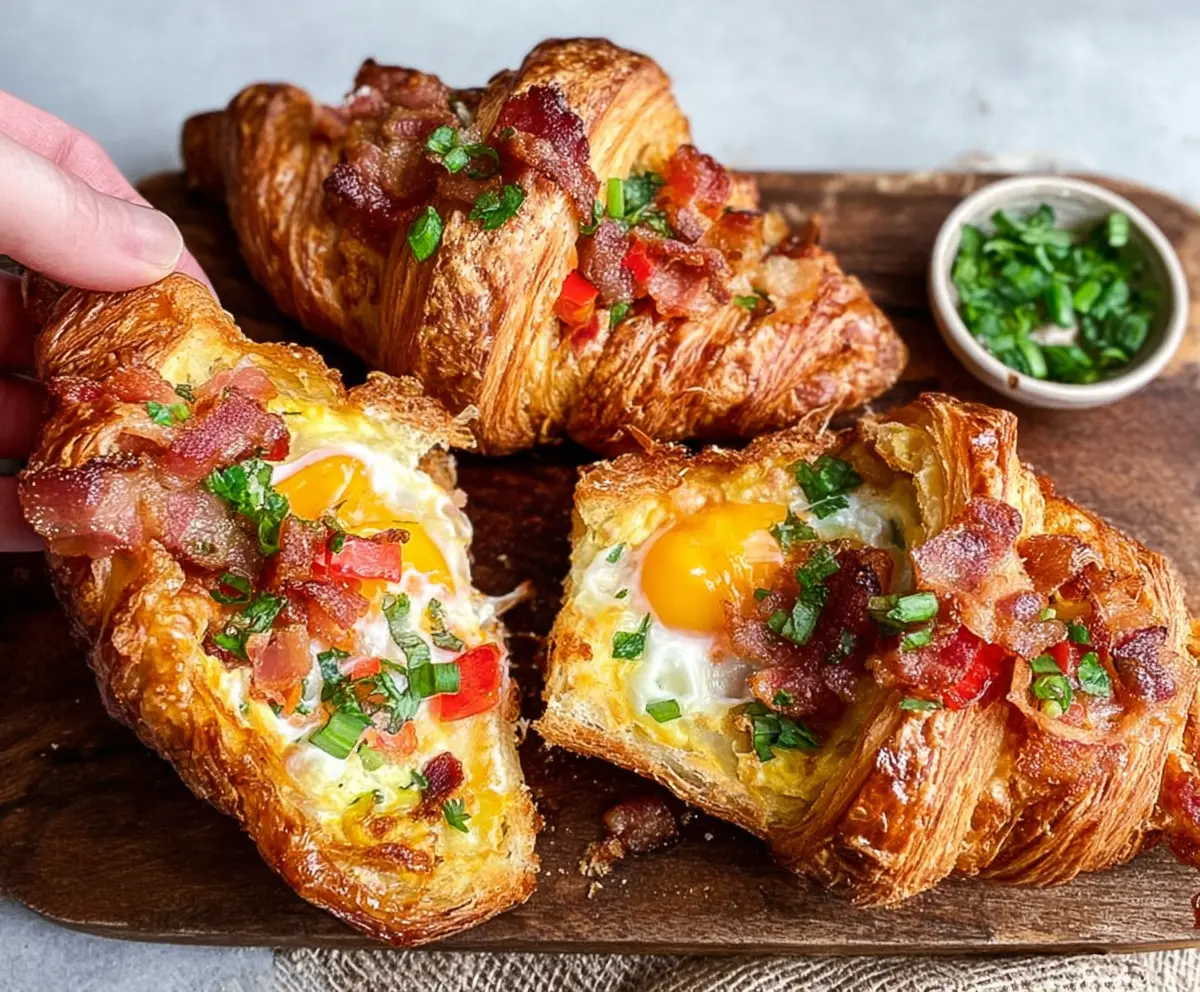 Delicious baked croissant breakfast boats filled with eggs, cheese, and breakfast sausage for a savory morning meal.