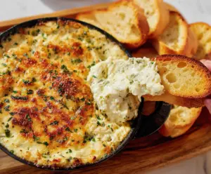 Delicious baked garlic bread dip served in a rustic bowl with fresh herbs and toasted bread slices.