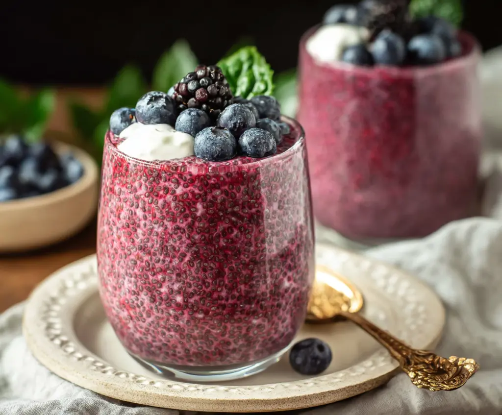 Creamy Berry Chia Seed Pudding topped with fresh mixed berries for a healthy breakfast