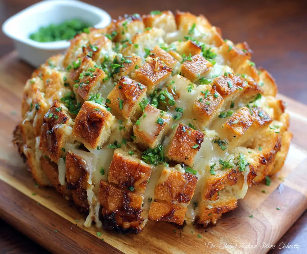 Delicious Bloomin Onion Pull Apart Bread showing golden, crispy edges and gooey cheese in a close-up shot.