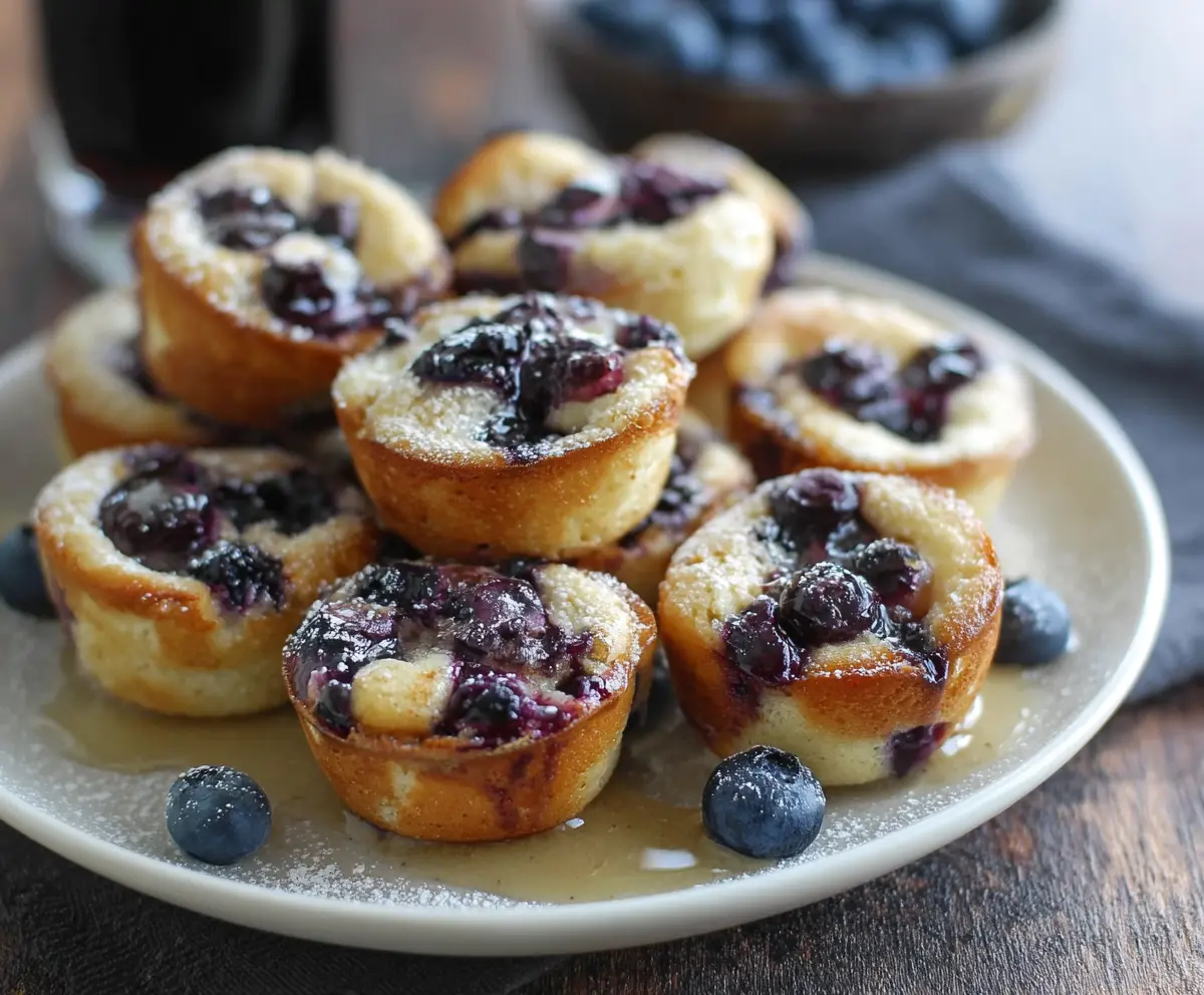 Delicious blueberry pancake bites topped with fresh blueberries and syrup.