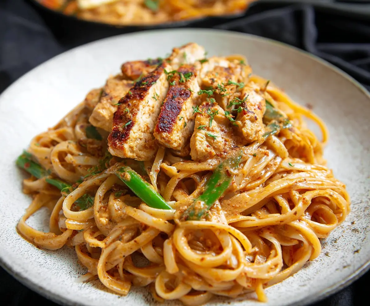 Delicious Cajun chicken spaghetti served on a plate with vibrant spices and fresh herbs.
