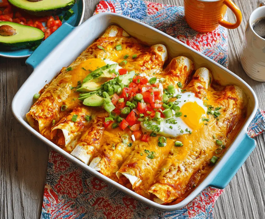 Delicious Breakfast Enchiladas with melted cheese and fresh ingredients on a plate.