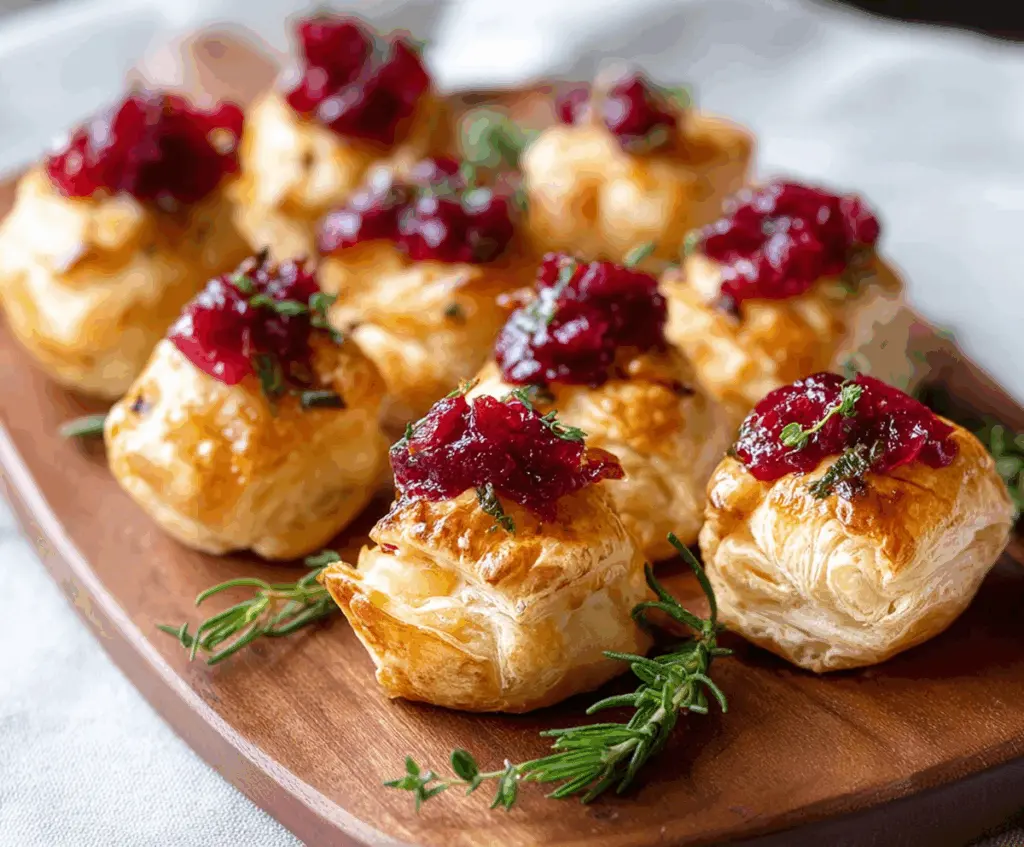 Delicious Brie and Cranberry Puffs ready to serve as a savory snack or appetizer.