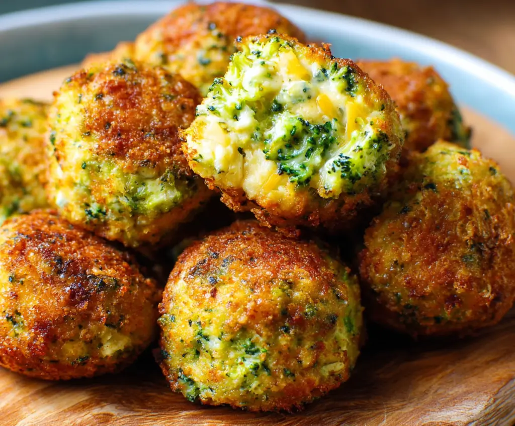 Delicious broccoli cheese bites topped with melted cheese on a white plate.