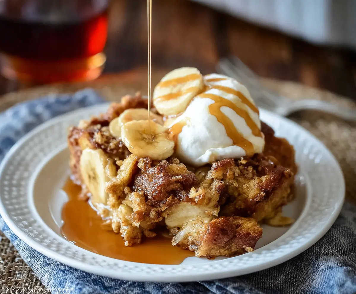 Delicious Brown Sugar Banana French Toast Casserole topped with fresh bananas and caramelized brown sugar.