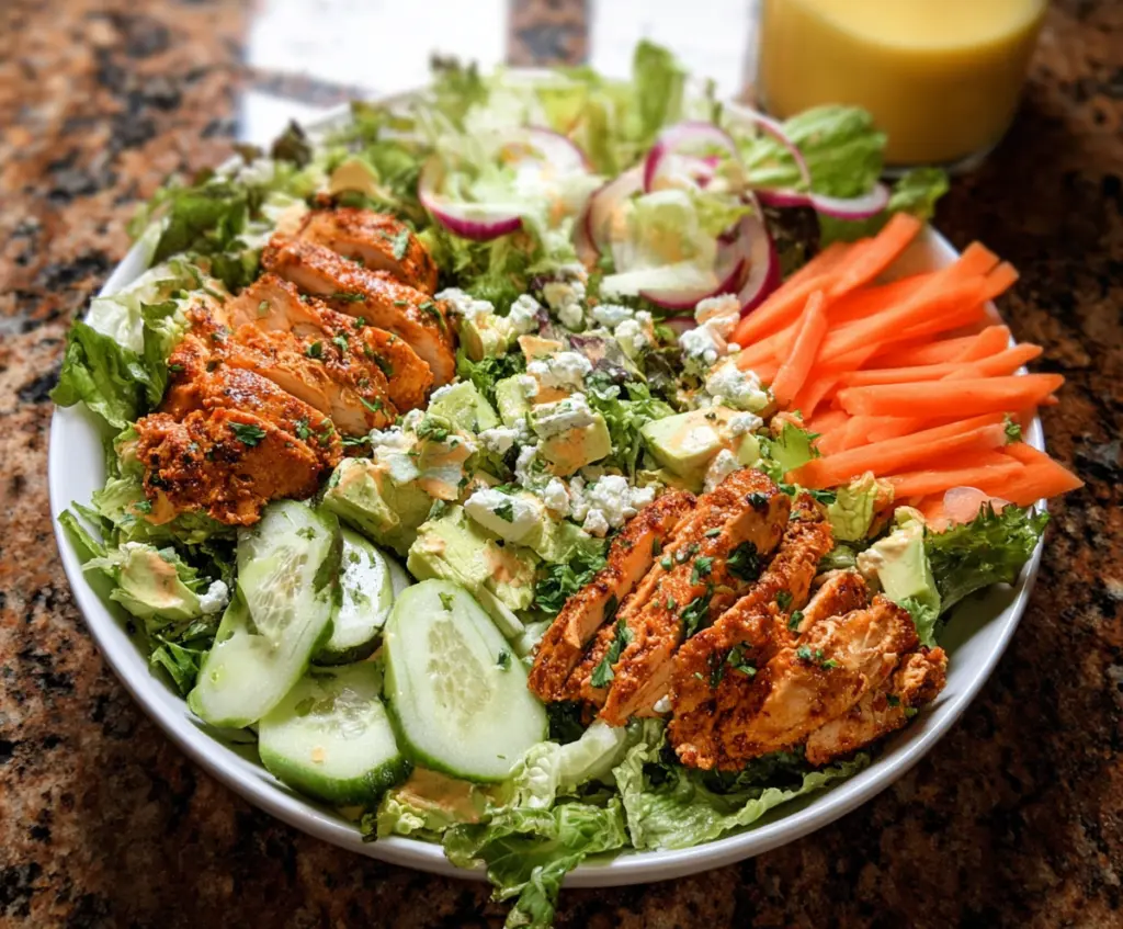 Buffalo Ranch Chicken Salad in a bowl, featuring shredded chicken, fresh greens, and creamy dressing.